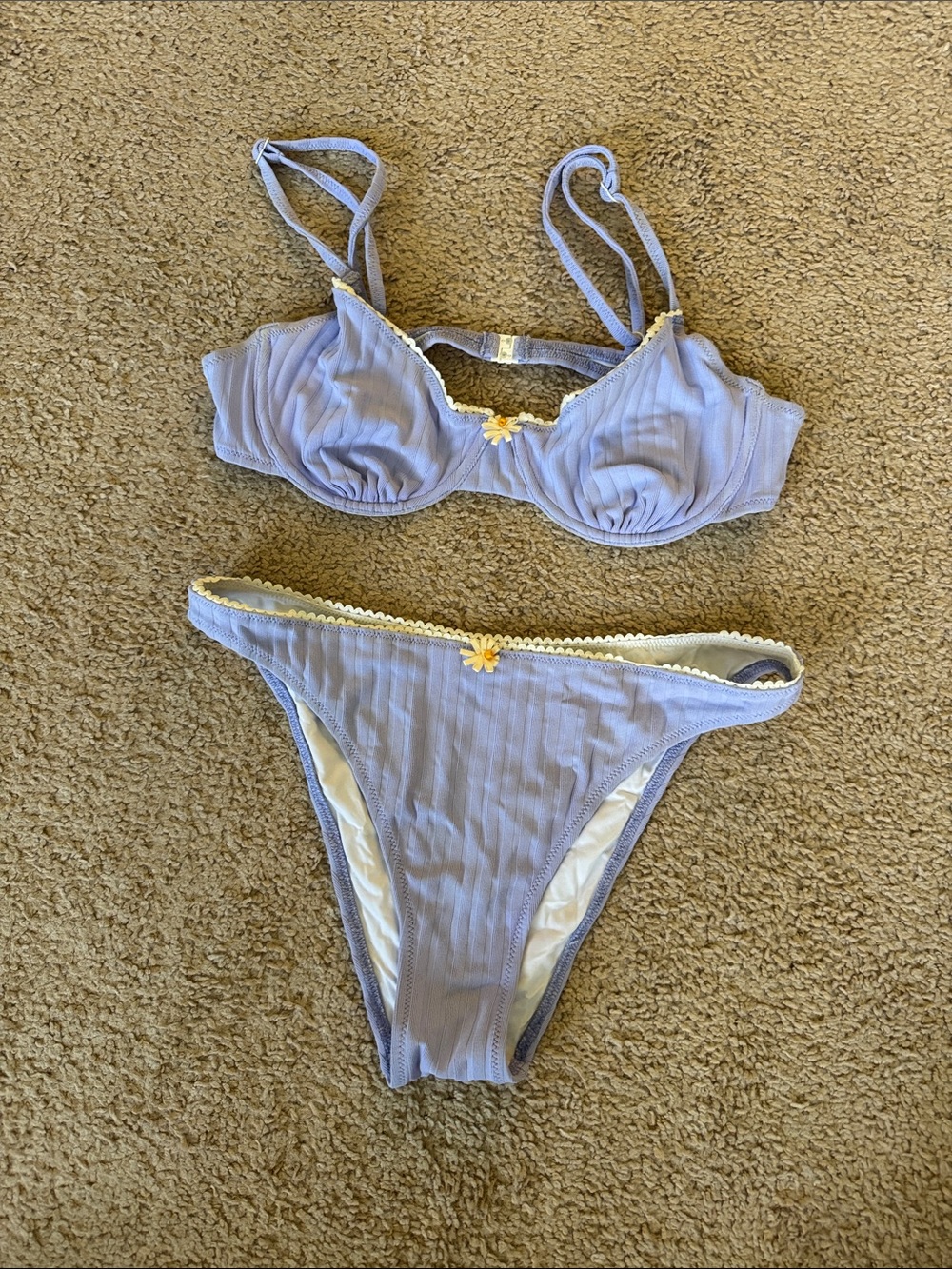 SOLID & STRIPED Lilac Ribbed Bikini Set with Yellow Daisy Accents